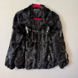 Colleen Lopez Black Faux Fur Teddy Jacket with Crystal Embellishments